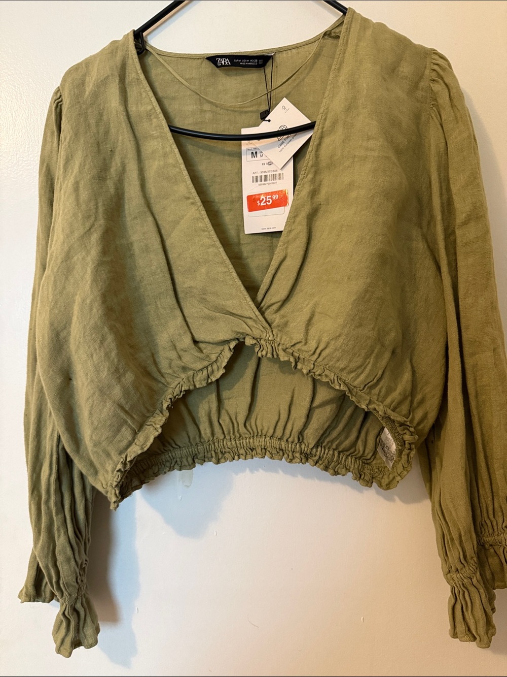 Zara Olive Cropped V-Neck Long Sleeve Top